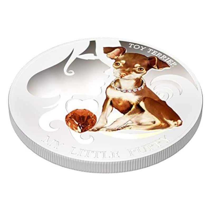 Fiji 2013 $2 Toy Terrier My Little Puppy 1 Oz Silver Coin with a detailed depiction of a playful Toy Terrier puppy.