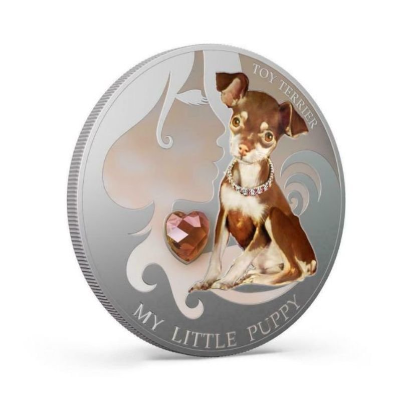 Fiji 2013 $2 Toy Terrier My Little Puppy 1 Oz Silver Coin with a detailed depiction of a playful Toy Terrier puppy.