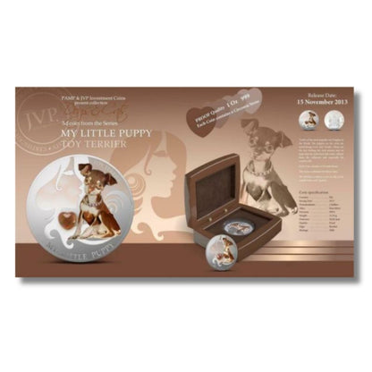 Fiji 2013 $2 Toy Terrier My Little Puppy 1 Oz Silver Coin with a detailed depiction of a playful Toy Terrier puppy.