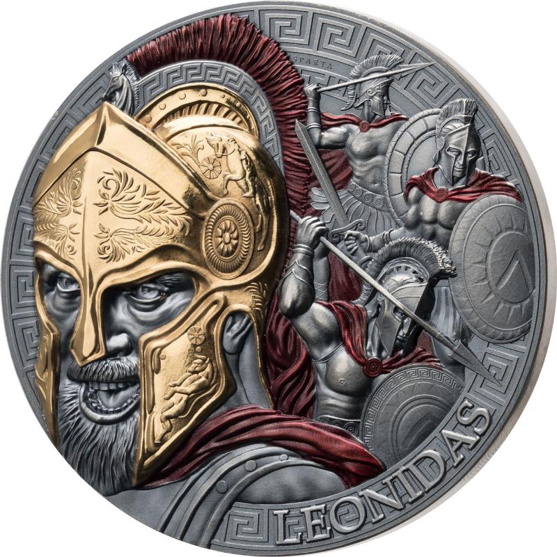 2023 The Great Commanders Leonidas 5oz Antiqued Silver Coin featuring gold gilding and high reliefs.