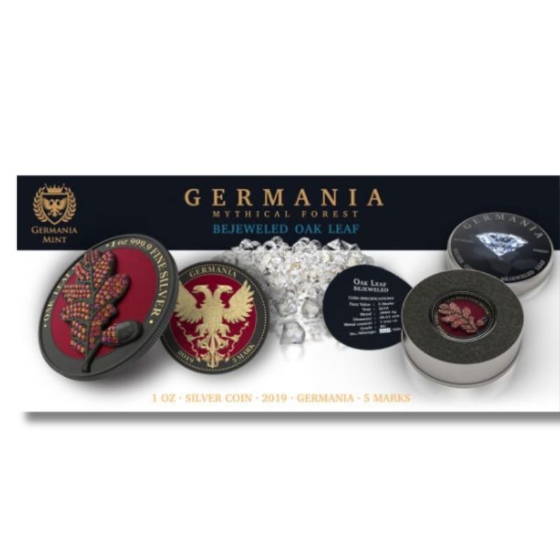 Germania 2019 5 Mark Bejeweled Oak Leaf Black - 1 Oz Silver Coin with black embellishments and intricate oak leaf design.