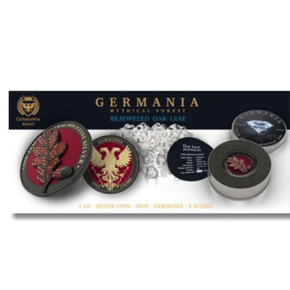 Germania 2019 5 Mark Bejeweled Oak Leaf Black - 1 Oz Silver Coin with black embellishments and intricate oak leaf design.