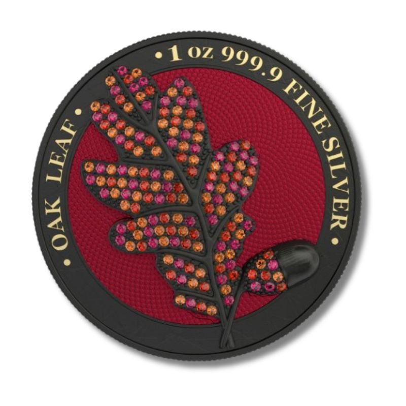 Germania 2019 5 Mark Bejeweled Oak Leaf Black - 1 Oz Silver Coin with black embellishments and intricate oak leaf design.