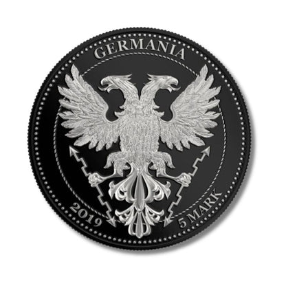 Germania 2019 5 Mark Bejeweled Oak Leaf Flag 1 Oz .999 Fine Proof Silver Coin – showcasing a detailed oak leaf design with gemstones and a flag motif, made from high-purity silver.