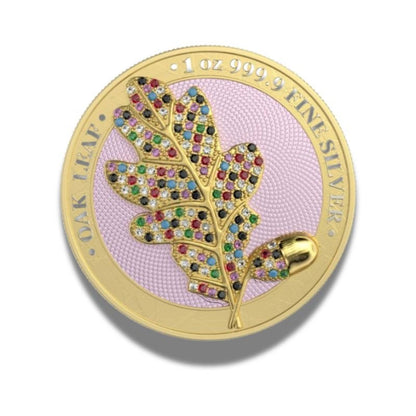 Germania 2019 Bejeweled Oak Leaf Coin, Yellow Crystal Silver Coin, 1 oz Silver Coin, Gold Gilt Acorn, Germania Mint Coin