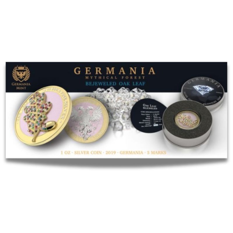 Germania 2019 Bejeweled Oak Leaf Coin, Yellow Crystal Silver Coin, 1 oz Silver Coin, Gold Gilt Acorn, Germania Mint Coin