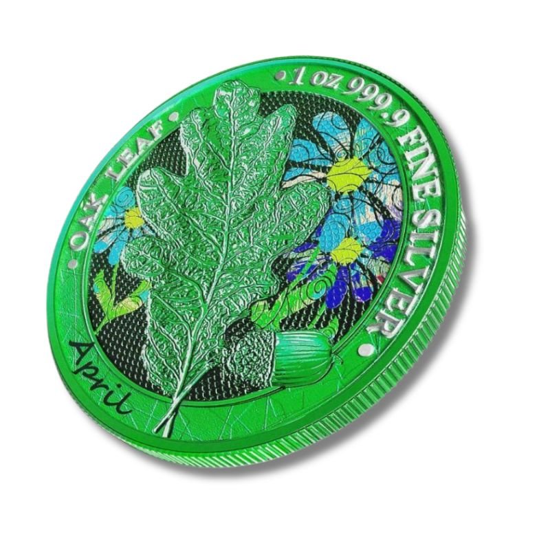 Germania 2019 5 Mark Oak Leaf - 12 Months Series - April 1 Oz Silver Coin with vibrant spring color and Oak Leaf design.