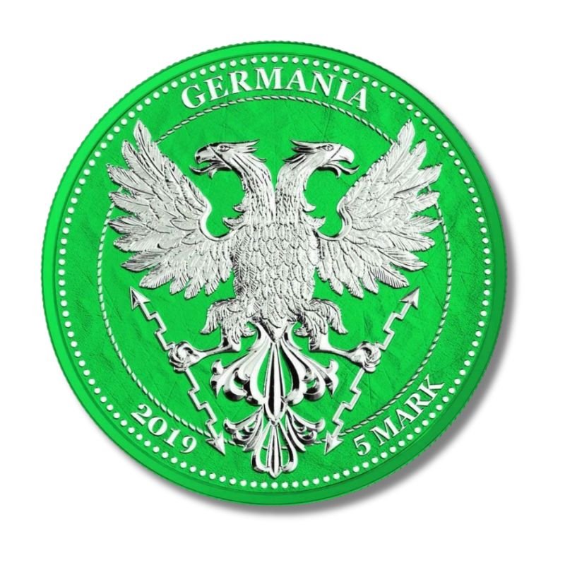 Germania 2019 5 Mark Oak Leaf - 12 Months Series - April 1 Oz Silver Coin with vibrant spring color and Oak Leaf design.