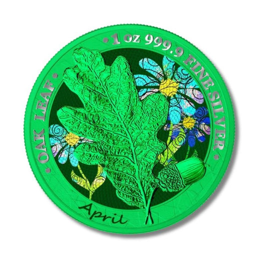 Germania 2019 5 Mark Oak Leaf - 12 Months Series - April 1 Oz Silver Coin with vibrant spring color and Oak Leaf design.