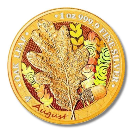 Germania 2019 5 Mark Oak Leaf - 12 Months Series - August 1 Oz Silver Coin showcasing detailed oak leaf design for August.