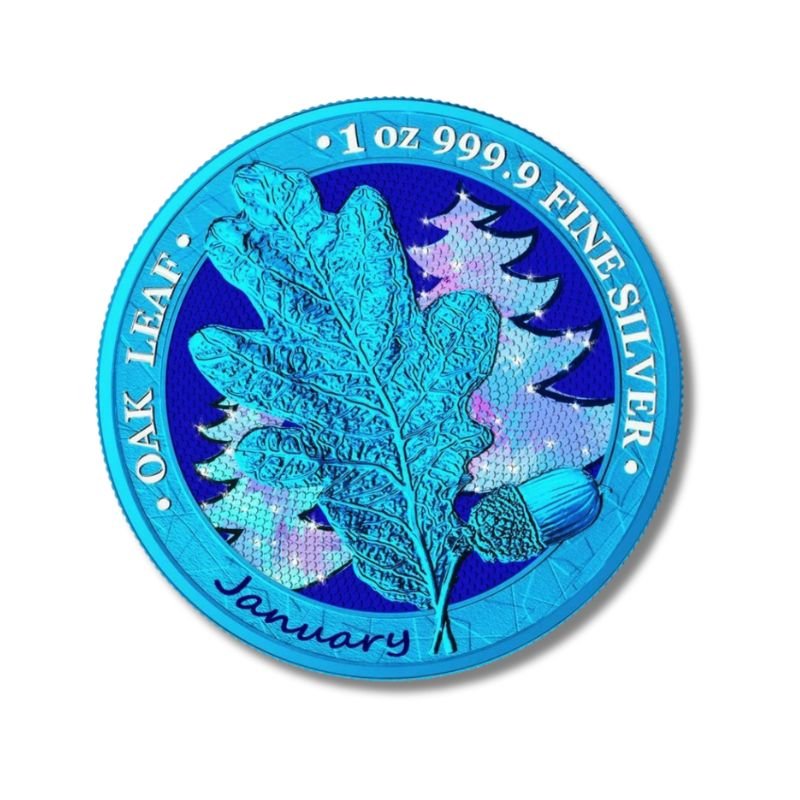 Germania 2019 5 Mark Oak Leaf - 12 Months Series - January 1 Oz Silver Coin with winter-themed Oak Leaf design.