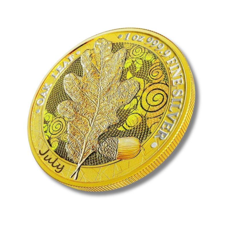 Germania 2019 5 Mark Oak Leaf - 12 Months Series - July 1 Oz Silver Coin with warm autumnal shade and Oak Leaf design.