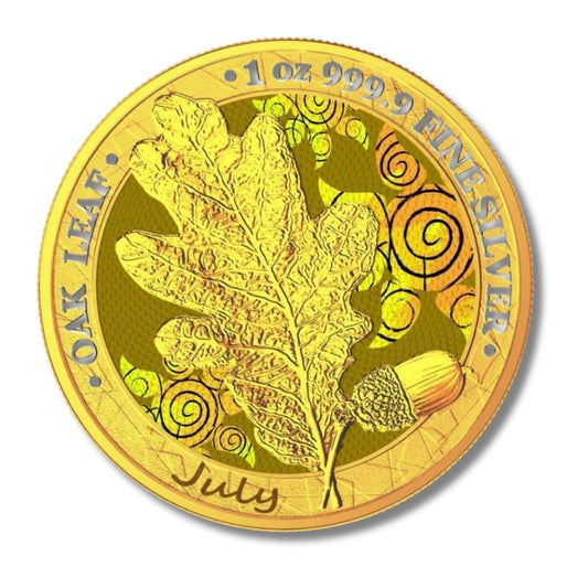 Germania 2019 5 Mark Oak Leaf - 12 Months Series - July 1 Oz Silver Coin with warm autumnal shade and Oak Leaf design.