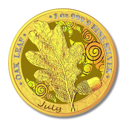 Germania 2019 5 Mark Oak Leaf - 12 Months Series - July 1 Oz Silver Coin with warm autumnal shade and Oak Leaf design.