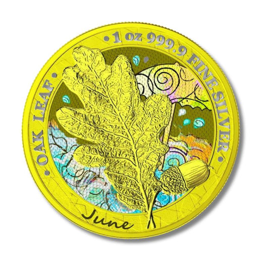 Germania 2019 5 Mark Oak Leaf - 12 Months Series - June 1 Oz Silver Coin with warm summer shade and Oak Leaf design.