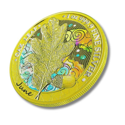 Germania 2019 5 Mark Oak Leaf - 12 Months Series - June 1 Oz Silver Coin with warm summer shade and Oak Leaf design.