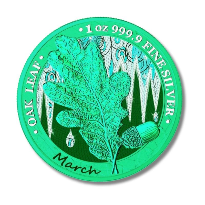 Germania 2019 5 Mark Oak Leaf - 12 Months Series - March 1 Oz Silver Coin with rich blue Oak Leaf design.