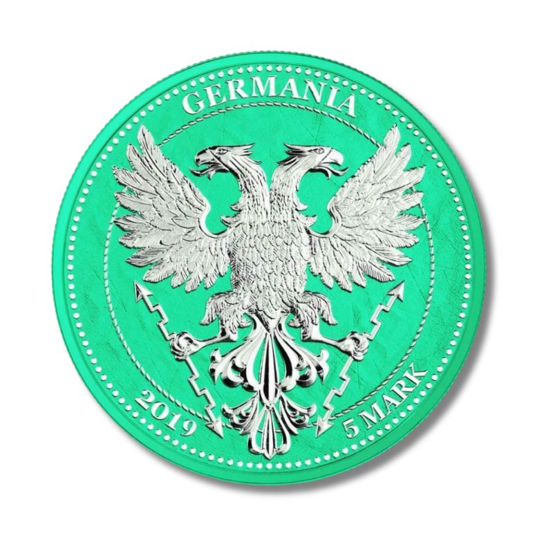 Germania 2019 5 Mark Oak Leaf - 12 Months Series - March 1 Oz Silver Coin with rich blue Oak Leaf design.