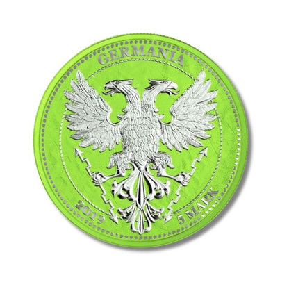 Germania 2019 5 Mark Oak Leaf - 12 Months Series - May 1 Oz Silver Coin with vibrant spring shade and Oak Leaf design.