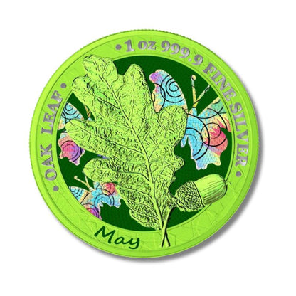 Germania 2019 5 Mark Oak Leaf - 12 Months Series - May 1 Oz Silver Coin with vibrant spring shade and Oak Leaf design.