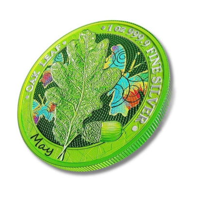 Germania 2019 5 Mark Oak Leaf - 12 Months Series - May 1 Oz Silver Coin with vibrant spring shade and Oak Leaf design.