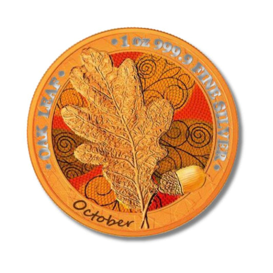 Germania 2019 5 Mark Oak Leaf - 12 Months Series - October 1 Oz Silver Coin showcasing detailed oak leaf design for October.