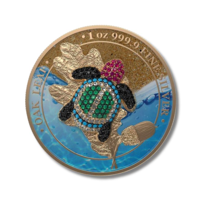 Germania 2019 5 Mark Oak Leaf - Bejeweled Tortoise 1 Oz Silver Coin featuring an oak leaf design and a bejeweled tortoise.