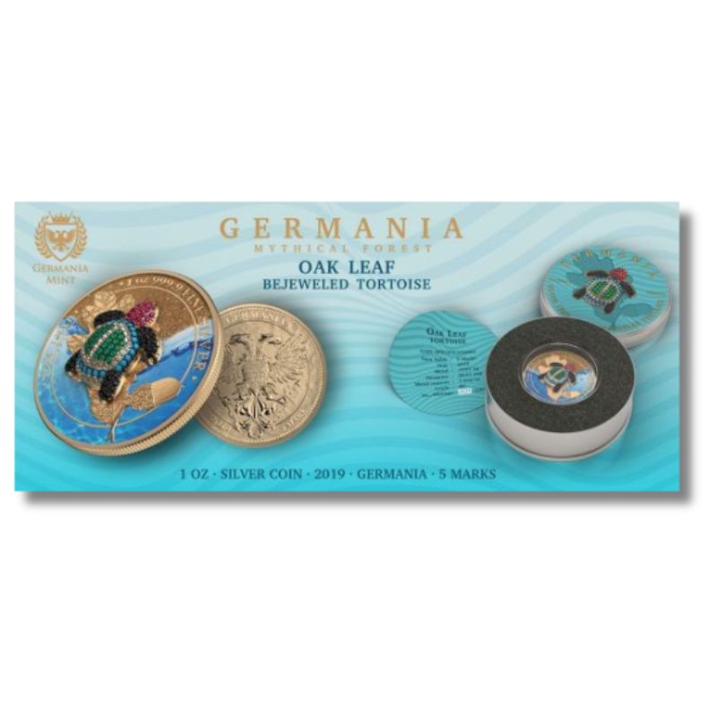 Germania 2019 5 Mark Oak Leaf - Bejeweled Tortoise 1 Oz Silver Coin featuring an oak leaf design and a bejeweled tortoise.