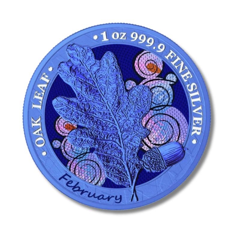 Germania 2019 5 Mark Oak Leaf February Coin in .999 fine silver with vibrant blue design and detailed oak leaf.