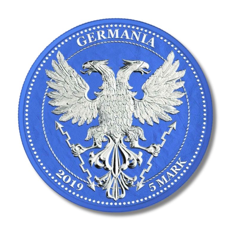 Germania 2019 5 Mark Oak Leaf February Coin in .999 fine silver with vibrant blue design and detailed oak leaf.