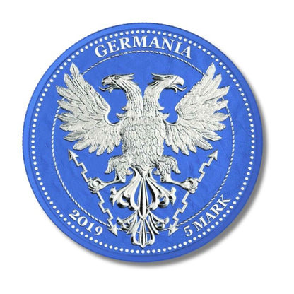 Germania 2019 5 Mark Oak Leaf February Coin in .999 fine silver with vibrant blue design and detailed oak leaf.