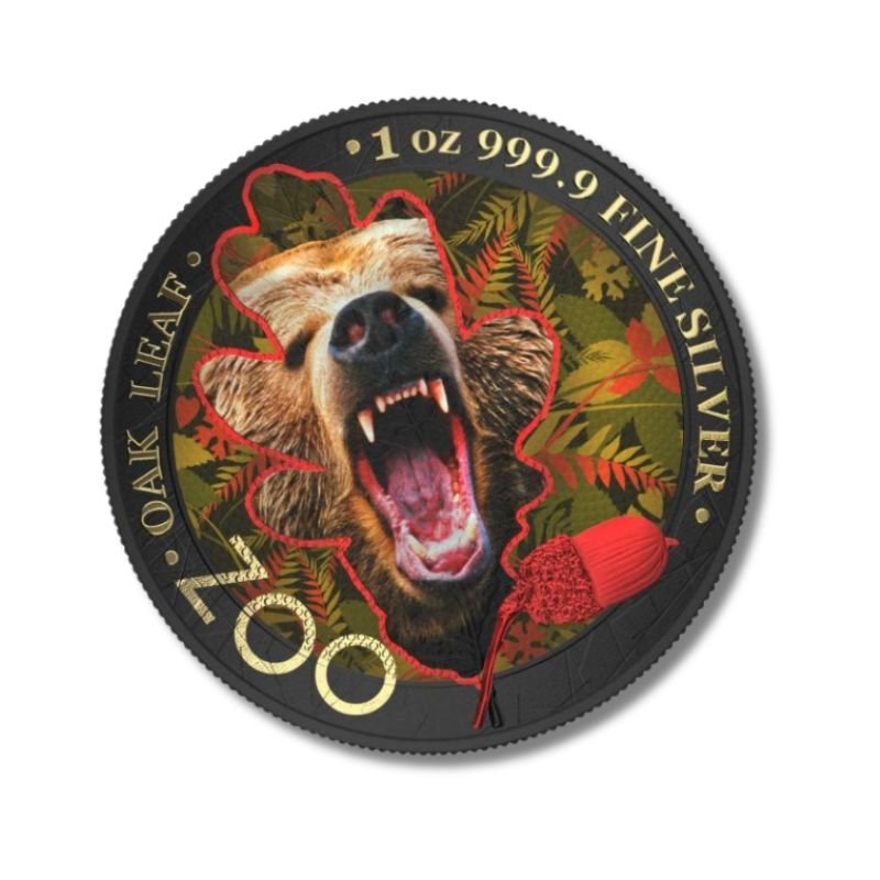 Germania 2019 5 Mark The Oak Leaf - Zoo Series - Bear 1 Oz Silver Coin, featuring a detailed bear and oak leaf design.