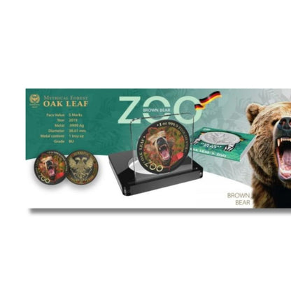 Germania 2019 5 Mark The Oak Leaf - Zoo Series - Bear 1 Oz Silver Coin, featuring a detailed bear and oak leaf design.