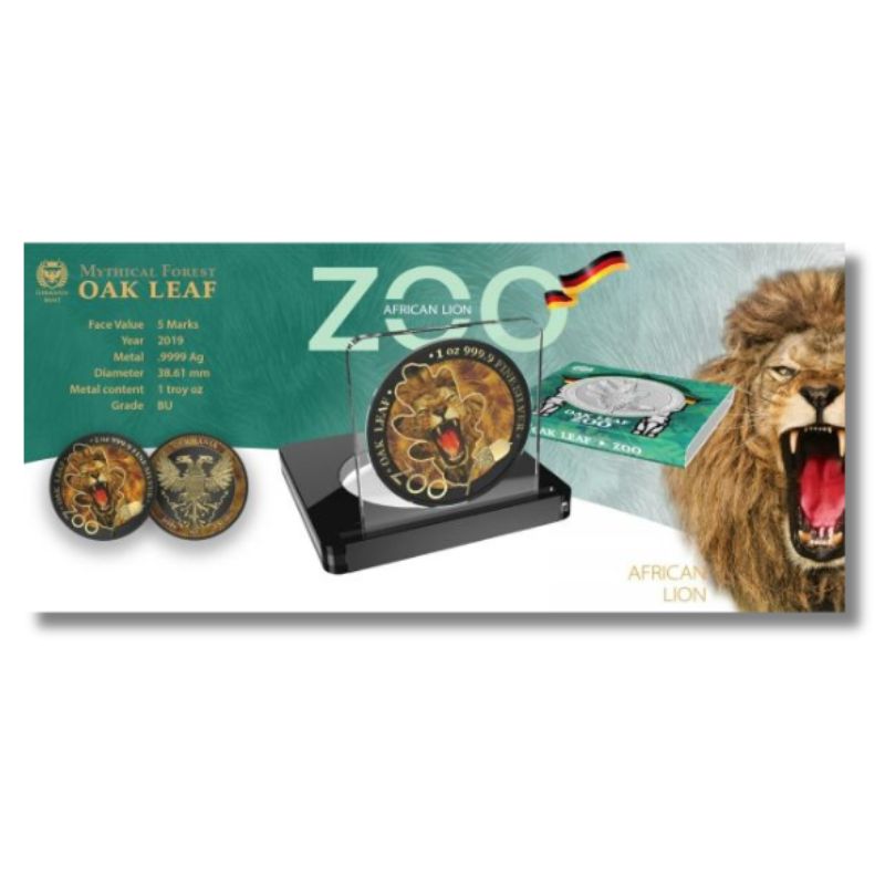 Germania 2019 5 Mark The Oak Leaf - Zoo Series - Lion 1 oz Silver Coin, featuring a detailed lion and oak leaves design.