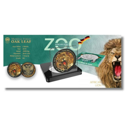 Germania 2019 5 Mark The Oak Leaf - Zoo Series - Lion 1 oz Silver Coin, featuring a detailed lion and oak leaves design.