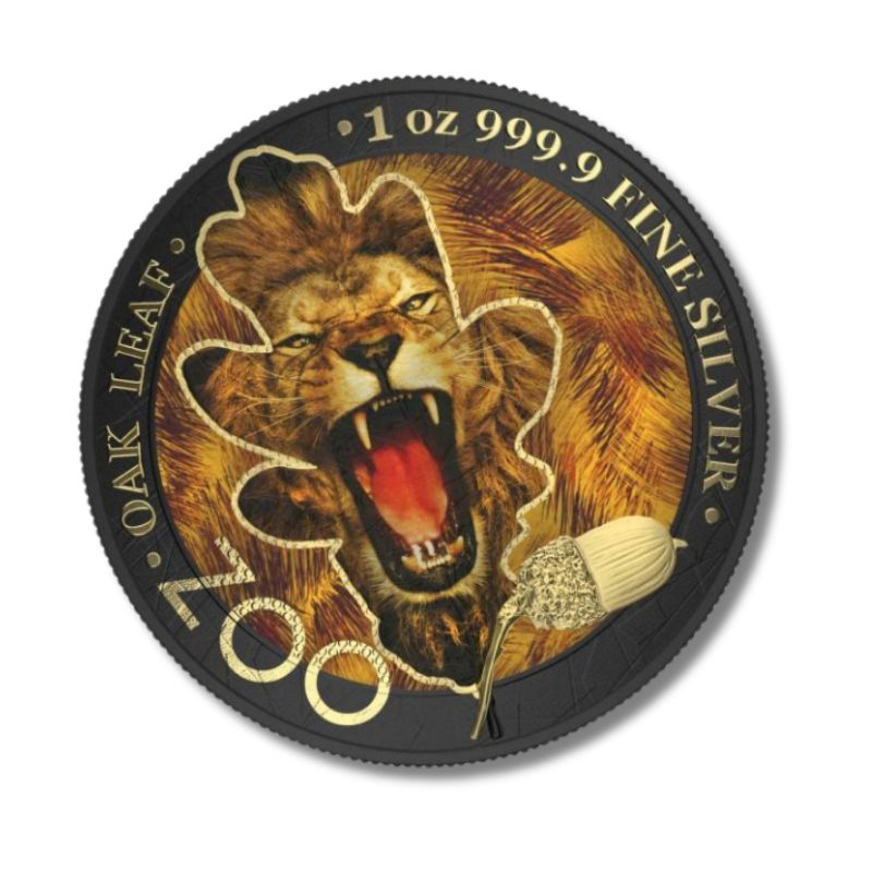 Germania 2019 5 Mark The Oak Leaf - Zoo Series - Lion 1 oz Silver Coin, featuring a detailed lion and oak leaves design.