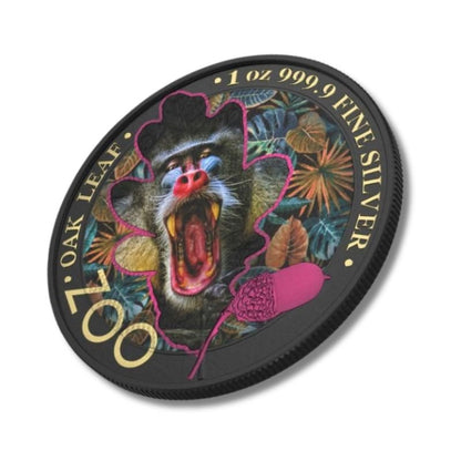 Germania 2019 5 Mark The Oak Leaf - Zoo Series - Mandrill 1 oz Silver Coin featuring a detailed Mandrill design against an oak leaf backdrop.