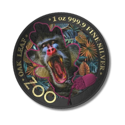 Germania 2019 5 Mark The Oak Leaf - Zoo Series - Mandrill 1 oz Silver Coin featuring a detailed Mandrill design against an oak leaf backdrop.