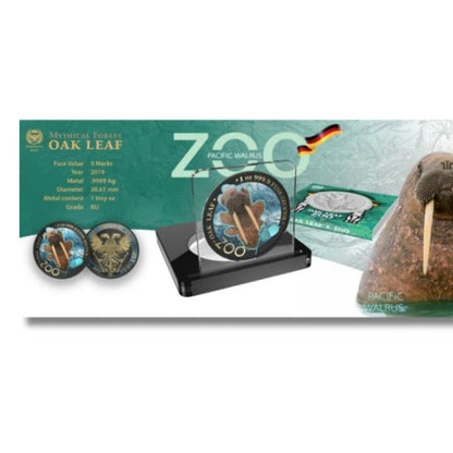 Germania 2019 5 Mark The Oak Leaf - Zoo Series - Walrus 1 Oz Silver Coin, featuring a detailed walrus and oak leaf design.