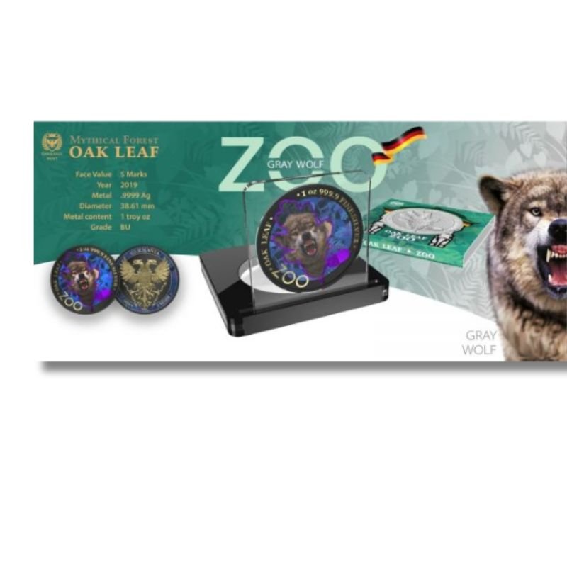 Germania 2019 5 Mark The Oak Leaf - Zoo Series - Wolf 1 Oz Silver Coin, showcasing a detailed wolf design against oak leaves.