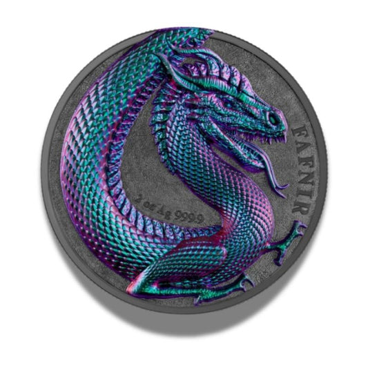 Germania 2020 10 Mark Fafnir 2 oz High-Relief Silver Coin showcasing a detailed, high-relief dragon design.