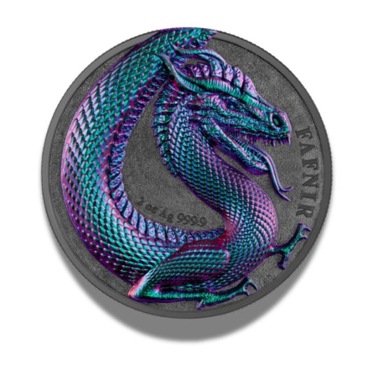 Germania 2020 10 Mark Fafnir 2 oz High-Relief Silver Coin showcasing a detailed, high-relief dragon design.