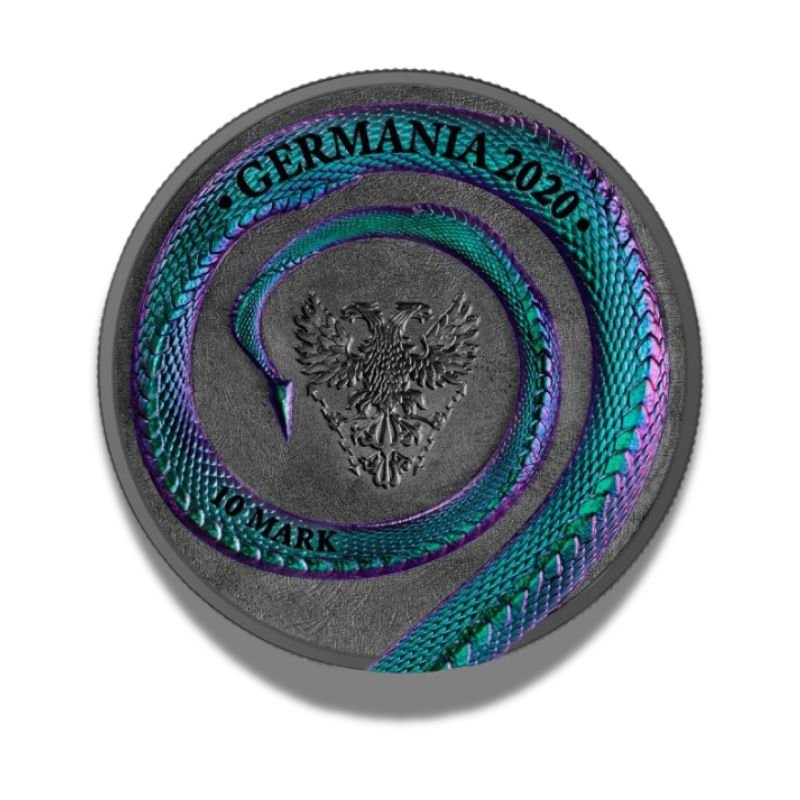 Germania 2020 10 Mark Fafnir 2 oz High-Relief Silver Coin showcasing a detailed, high-relief dragon design.