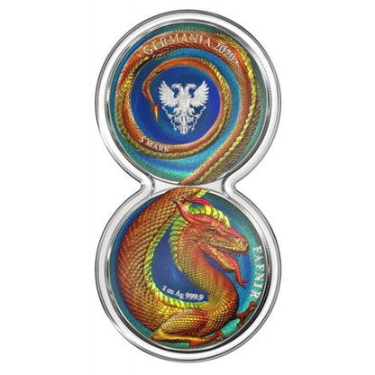 Germania 2020 2 x 5 Mark - Fafnir Geminus Set - Ice & Fire, including two 1 oz silver coins depicting the mythical dragon Fafnir in ice and fire themes.