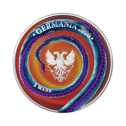 Germania 2020 2 x 5 Mark - Fafnir Geminus Set - Ice & Fire, including two 1 oz silver coins depicting the mythical dragon Fafnir in ice and fire themes.