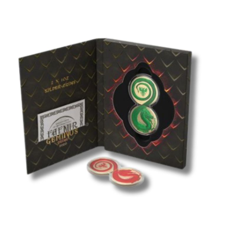 Germania 2020 2 x 5 Mark - Fafnir Set - Space Red and Green, featuring two 1 oz silver coins with vibrant red and green designs of the mythical dragon Fafnir.