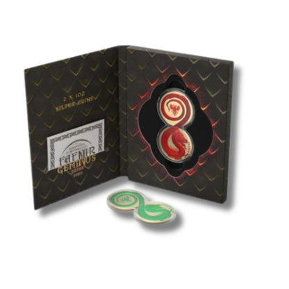 Germania 2020 2 x 5 Mark - Fafnir Set - Space Red and Green, featuring two 1 oz silver coins with vibrant red and green designs of the mythical dragon Fafnir.