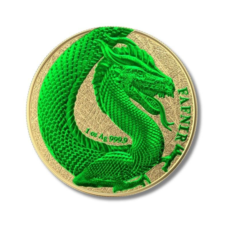 Germania 2020 2 x 5 Mark - Fafnir Set - Space Red and Green, featuring two 1 oz silver coins with vibrant red and green designs of the mythical dragon Fafnir.