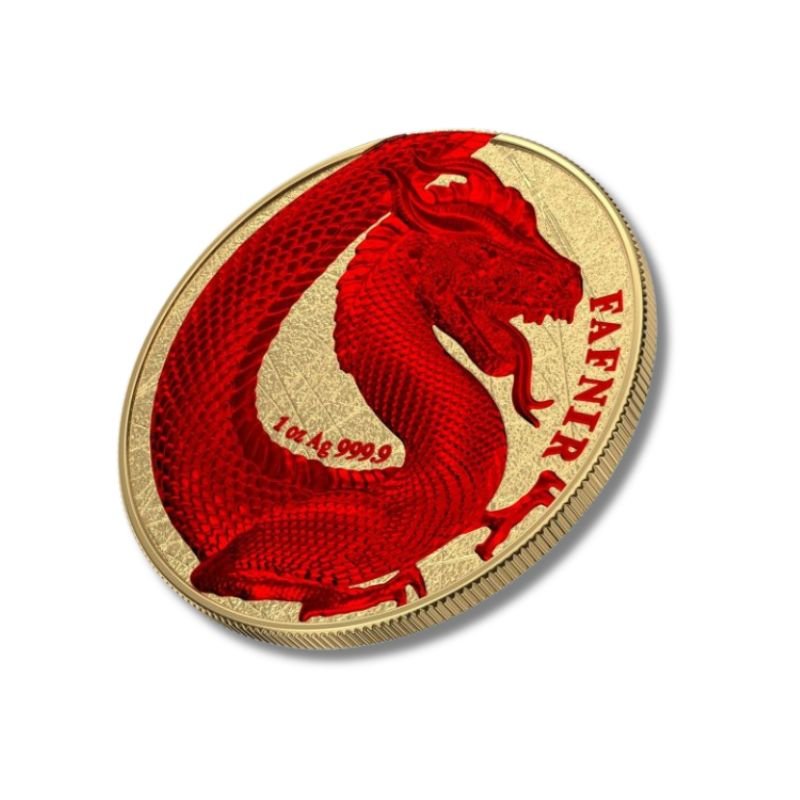 Germania 2020 2 x 5 Mark - Fafnir Set - Space Red and Green, featuring two 1 oz silver coins with vibrant red and green designs of the mythical dragon Fafnir.