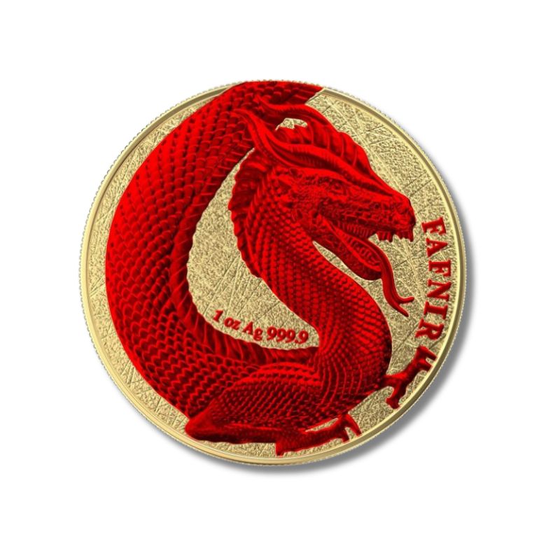 Germania 2020 2 x 5 Mark - Fafnir Set - Space Red and Green, featuring two 1 oz silver coins with vibrant red and green designs of the mythical dragon Fafnir.